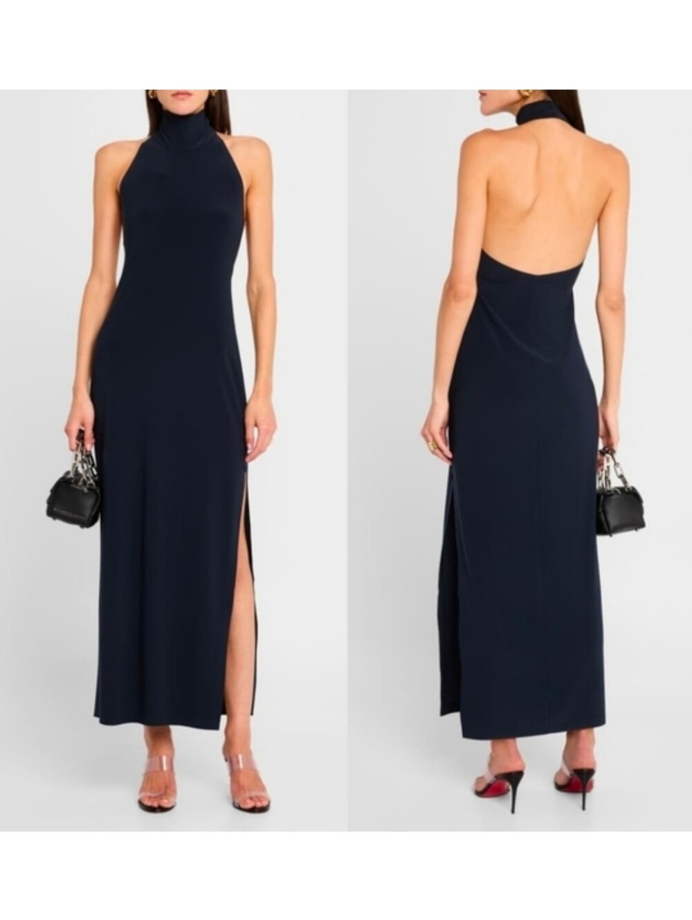 Norma Kamali Halter Turtle Side Slit Gown